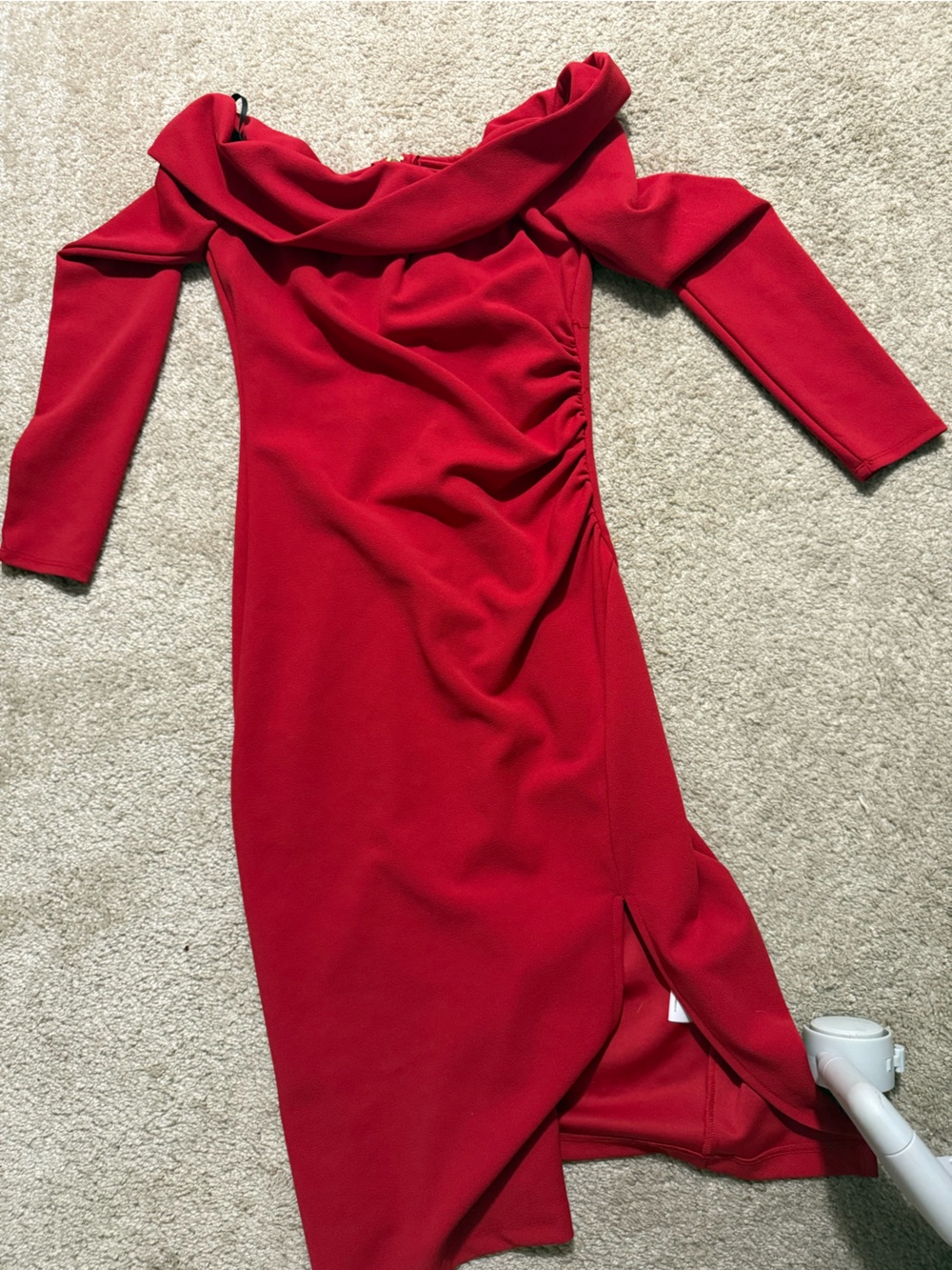 Red Off-Shoulder Midi Dress with Side Ruching